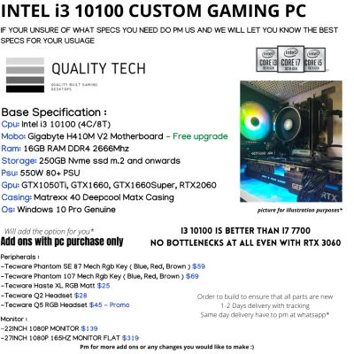 i3 10100 + [ GTX 1050 TI , GTX 1660 , GTX 1660 Super , RTX 2060 ] Custom Gaming PC