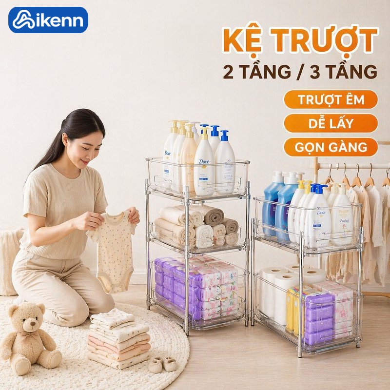 Aikenn Kệ Kéo Kệ Lưu Trữ 2 Tầng 3 Tầng Nhựa Trong Minh Ray Trượt Nhẹ Nhàng Chịu Nặng Chống Bẩn Dễ Vệ Sinh Cho Bếp Phòng Tắm