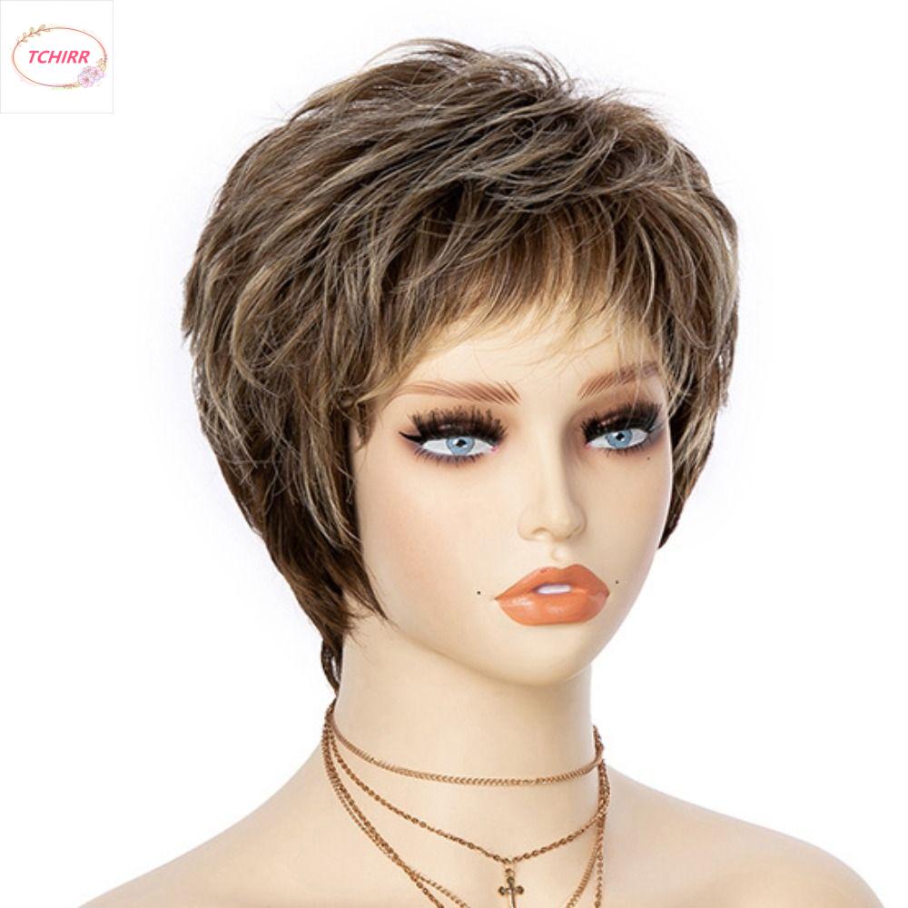 TCHIRR Thoáng khí Thời trang Tự nhiên Lông mịn Sợi chịu nhiệt Kiểu tóc nhiều lớp Phụ kiện tóc Tổng hợp Nữ Tóc Giả PIXIE haicut Tóc giả cho mẹ Tóc giả ngắn cho nữ Tóc giả màu nâu ngắn