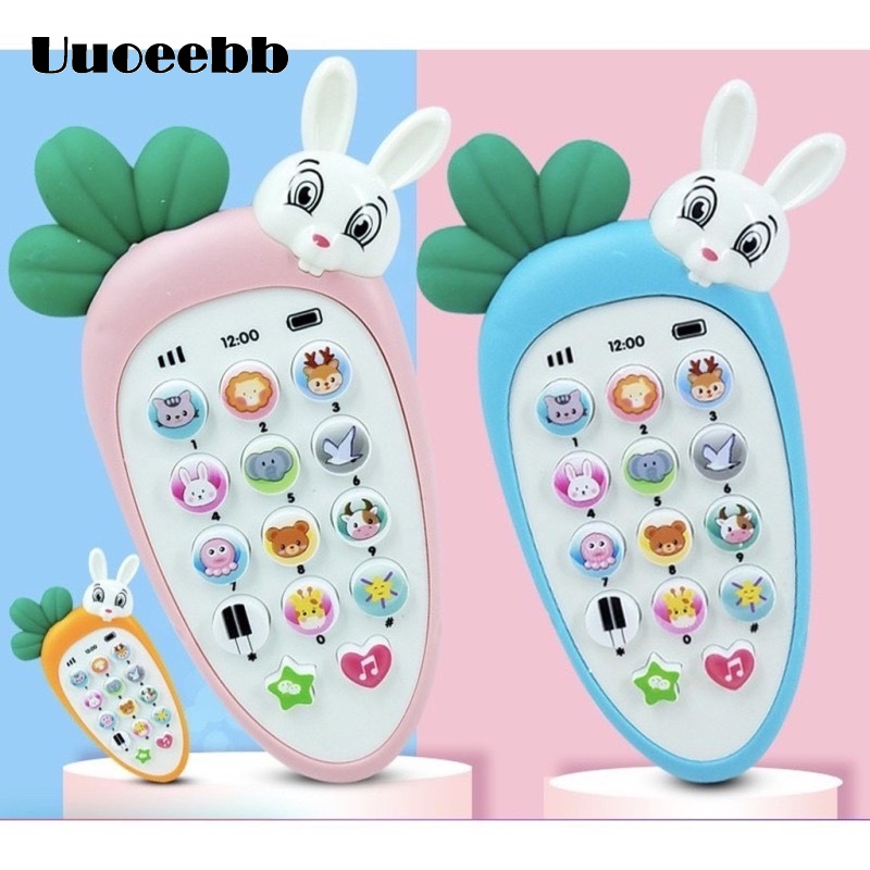 Đồ chơi điện thoại gặm nướu thỏ gặm cà rốt - phát nhạc - phát sáng cho bé - kèm pin và dây đeo