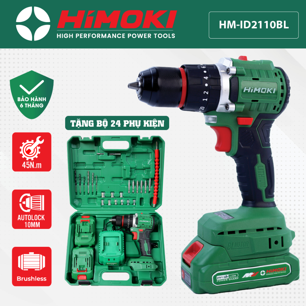 Máy khoan pin HIMOKI 21V HM-ID2110BL - 3 chức năng khoan, bắt vít, khoan tường - KHÔNG CHỔI THAN