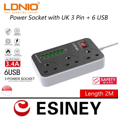 New Generation LDNIO SK3662 Power Socket with UK 3 Pin + 6 USB Charger 5V 3.4A Surge Protector 2 Meter Power Extension for iPhone Samsung Huawei Oppo Vivo Xiaomi(Black)