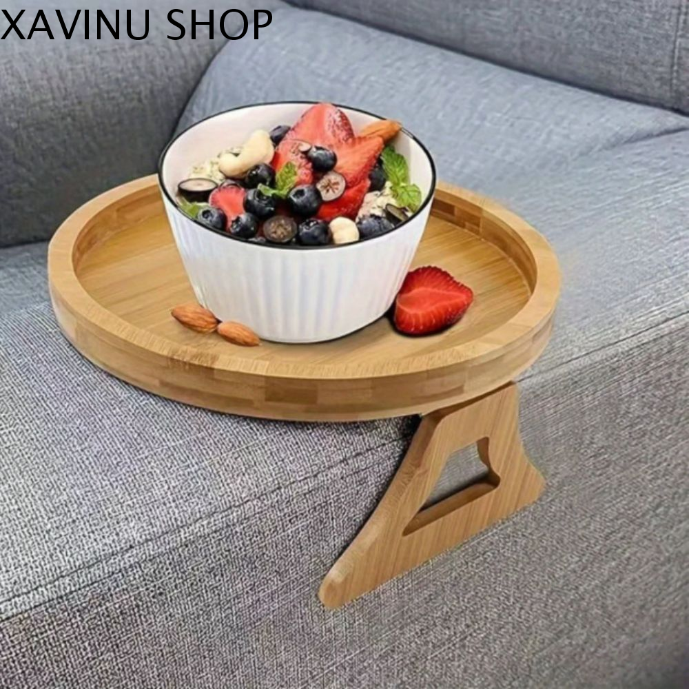 XAVINU Gỗ tự nhiên Khay sofa Hình tròn Có thể gập lại Khay ăn nhẹ Thiết kế đơn giản Di động Bàn cạnh ghế sofa Sử dụng tại nhà