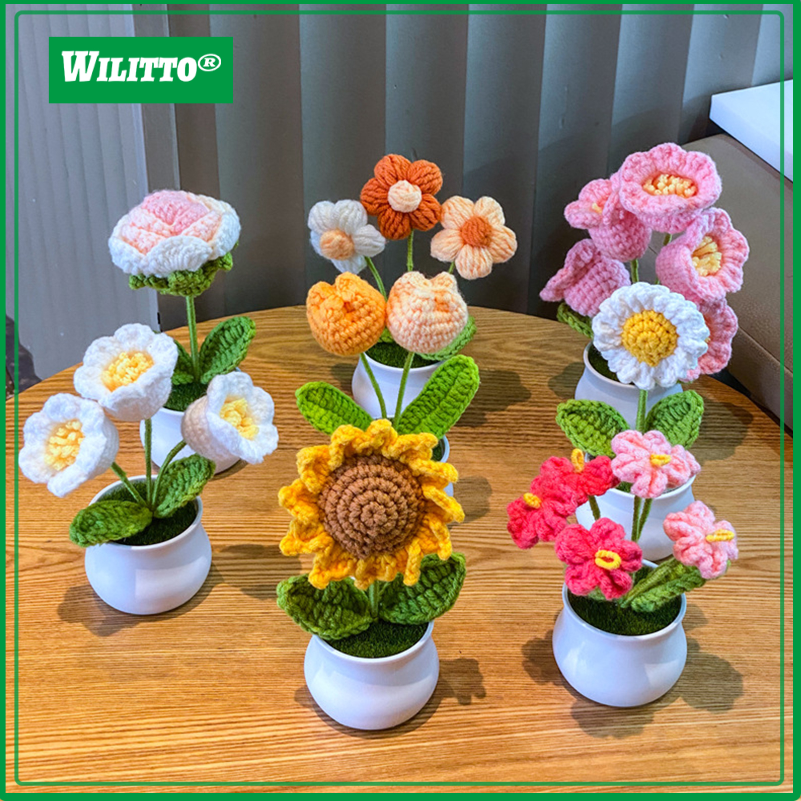 Hand Crocheted Potted Flower Handmade Crochet Sunflower Lily of The Valley Tulip Potted Faux Flowers for Home Office Tabletop Decoration ราคา 97 บาท*ส่งฟรี