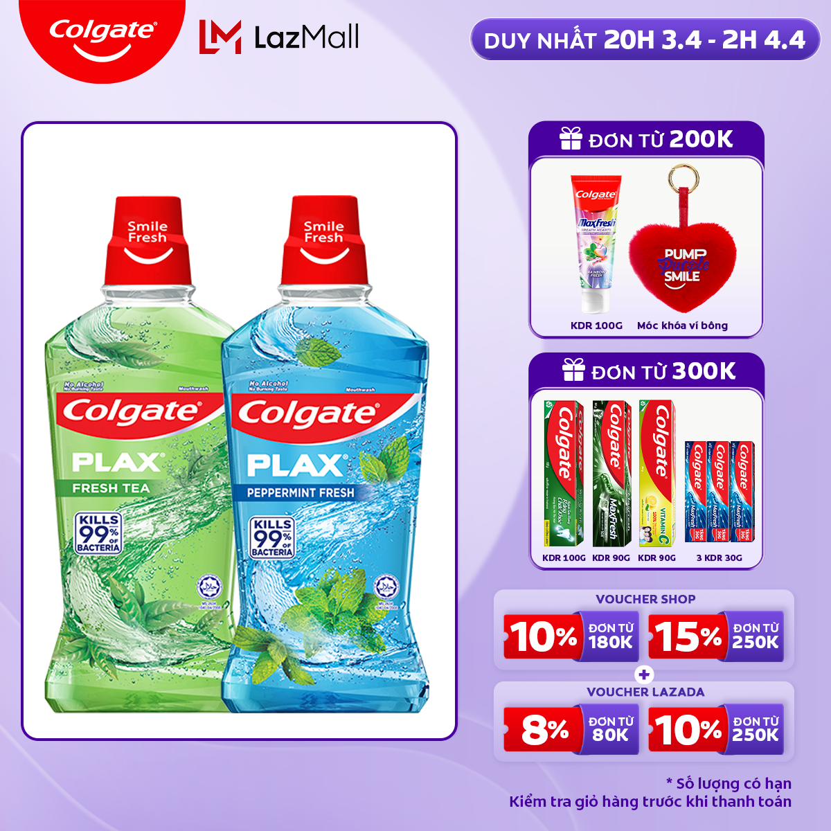   Chỉ 20H 3.4 - 2H 4.4_Áp 2 tầng Voucher giảm đến 30%  Bộ 2 nước súc miệng Colgate diệt 99% vi khuẩn  Bạc Hà và Trà Xanh  