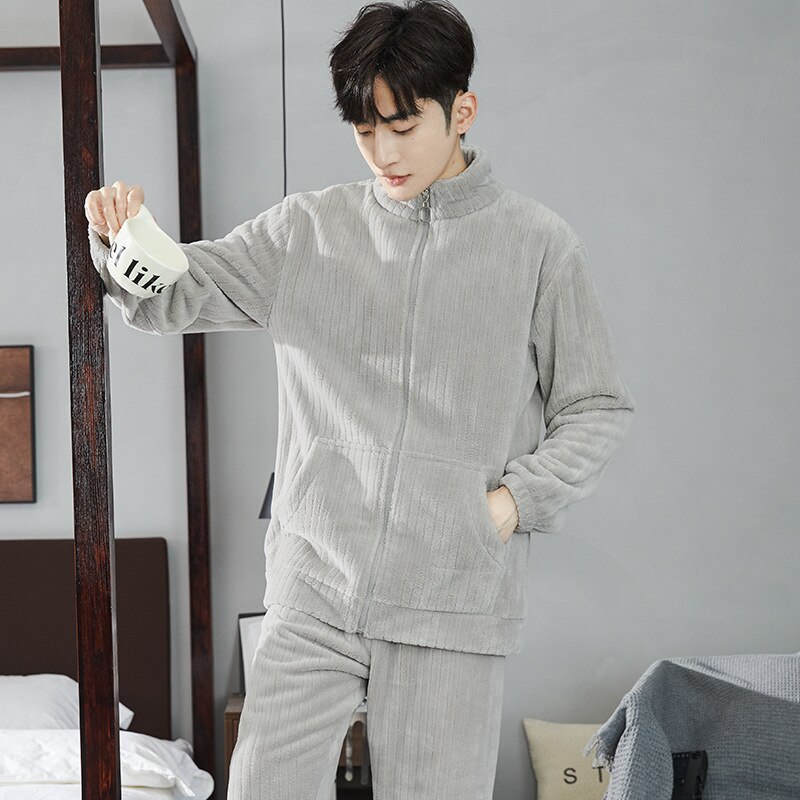 Người Đàn Ông nỉ ấm áp Mùa Thu đồ ngủ mùa đông Lần Lượt cổ áo nhồi lông Dài Tay Quần Bộ đồ hai mảnh dáng rộng thoải mái Ngủ Phòng Chờ Bộ