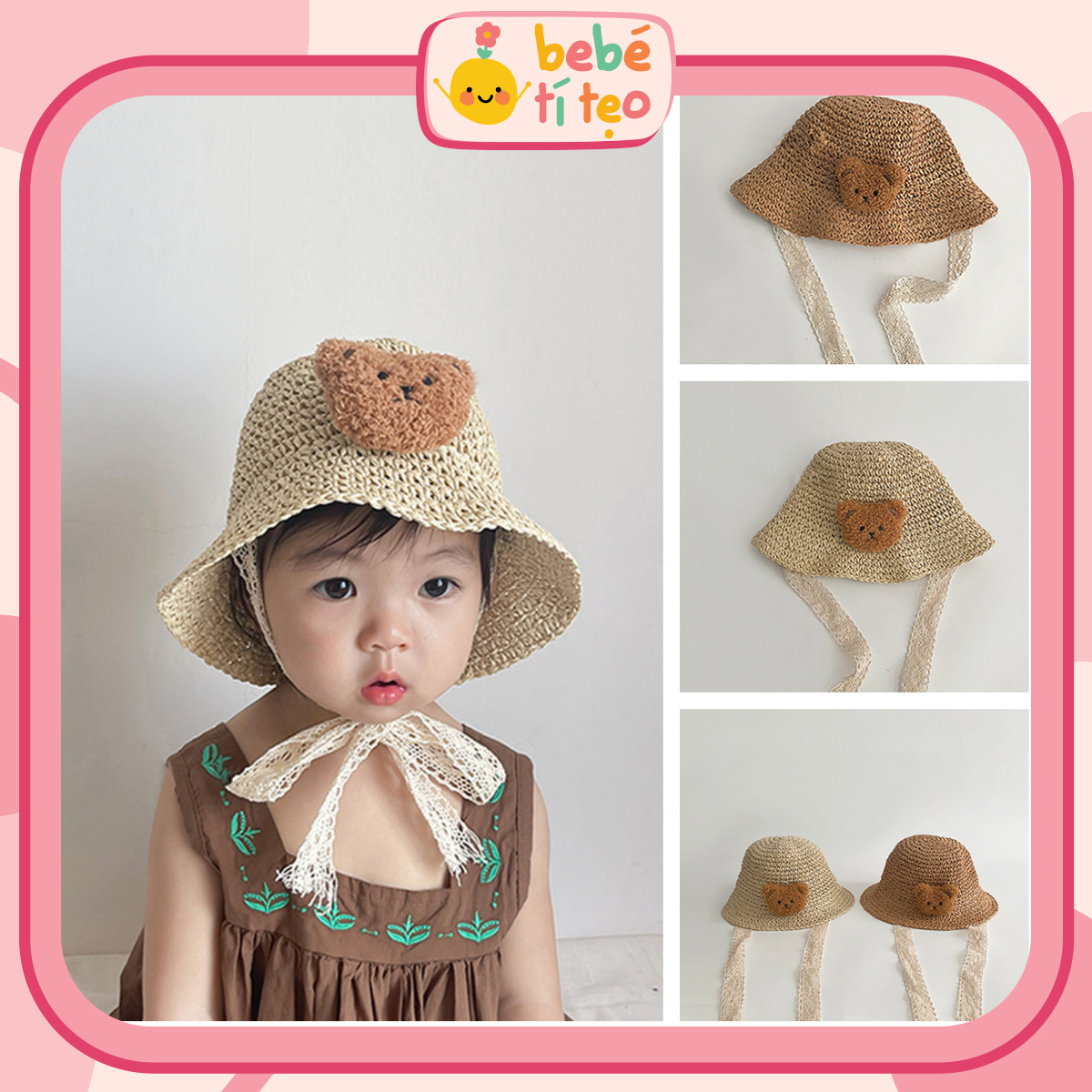 Mũ cói, nón cói cho bé gái đính gấu bông xù siêu cute cho bé diện hè xinh xắn non015 bebé tí tẹo