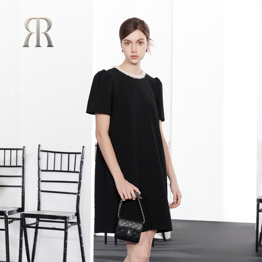 Rập - đầm cổ tròn tay phồng đính dây tweed - titi 04 heritage