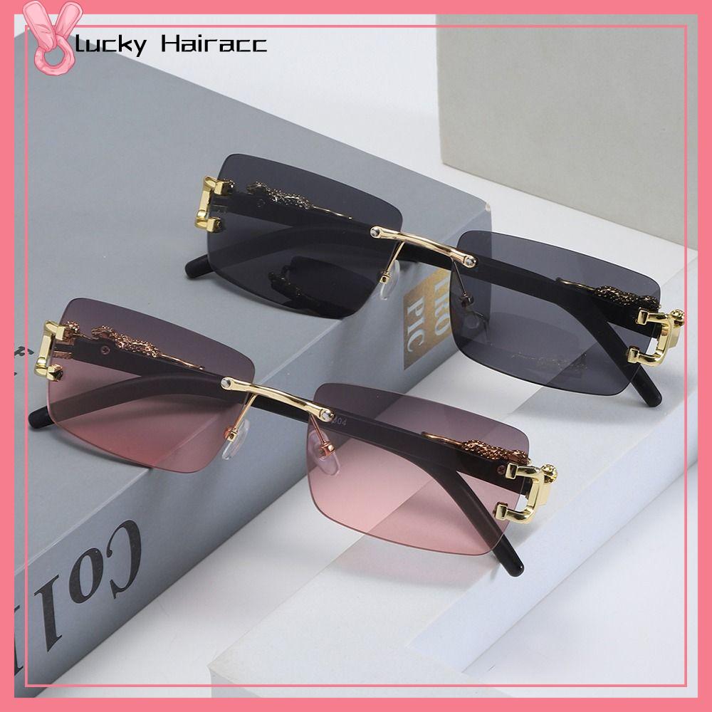 LUCKY HAIRACC Trang trí báo đốm Kính mát hình chữ nhật Khung  loại Bảo vệ UV400 Kính râm không viền Mùa hè Cắt cạnh Kính mắt không khung dành cho Phụ Nữ  Nam Giới