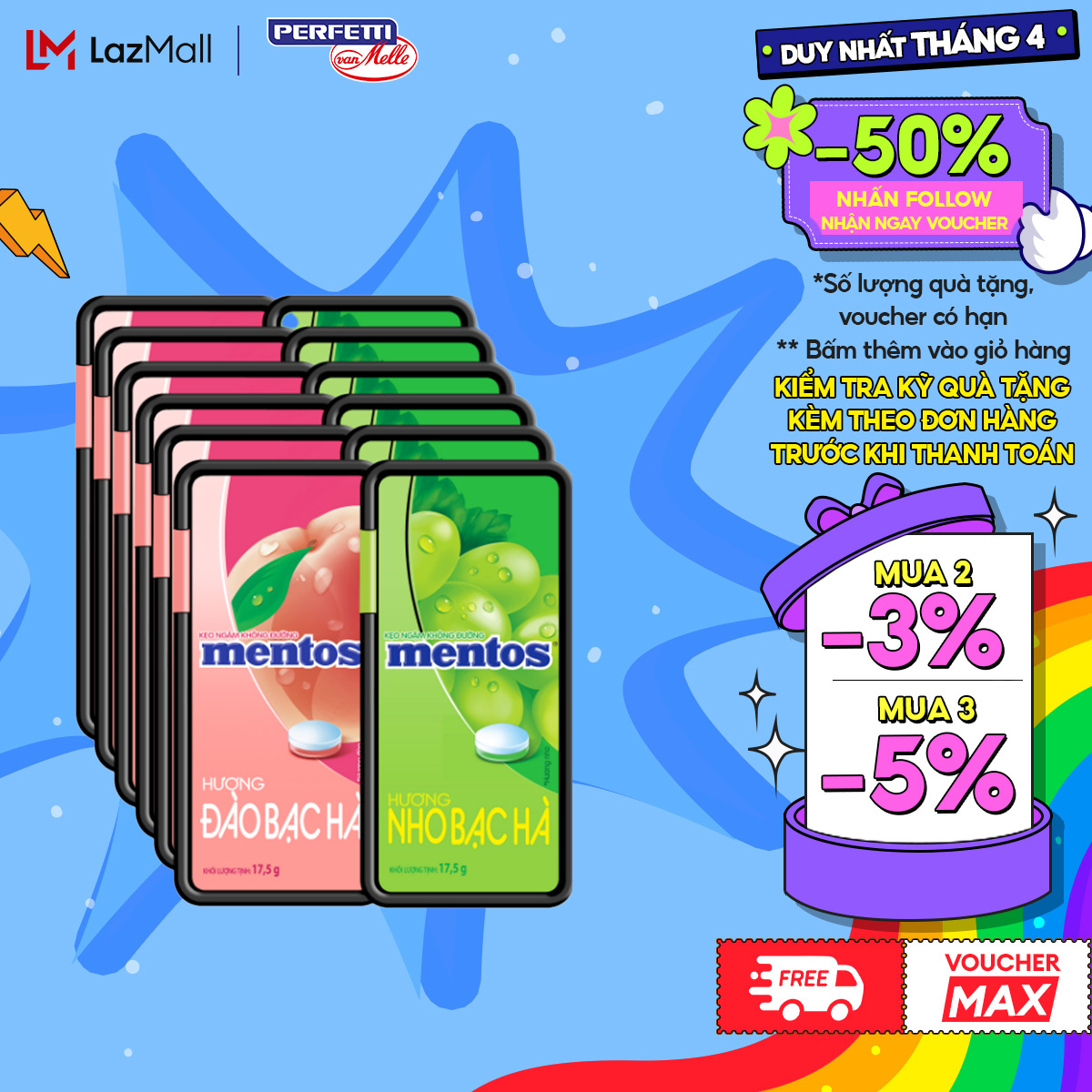 COMBO 6 Kẹo ngậm không đường Mentos Hương Đào/Nho Bạc Hà (6 hộp nhựa) mang đến hơi thở tươi mát