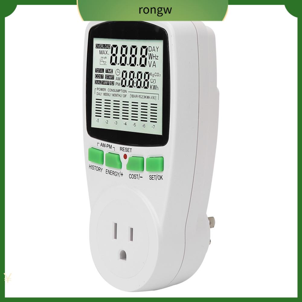 RONGW 0,000KWh-9999KWh Máy theo dõi sử dụng điện Màn hình LCD kỹ thuật số 0-15A Ổ cắm đồng hồ đo điện Đồng hồ đo KWh Máy phân tích công suất Đồng hồ đo năng lượng Màn hình tiêu thụ điện năng