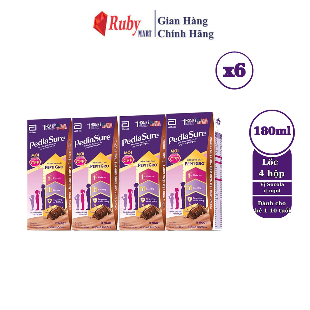 Combo 6 Lốc 4 hộp sữa nước Pediasure hương Socola ít ngọt 180ml