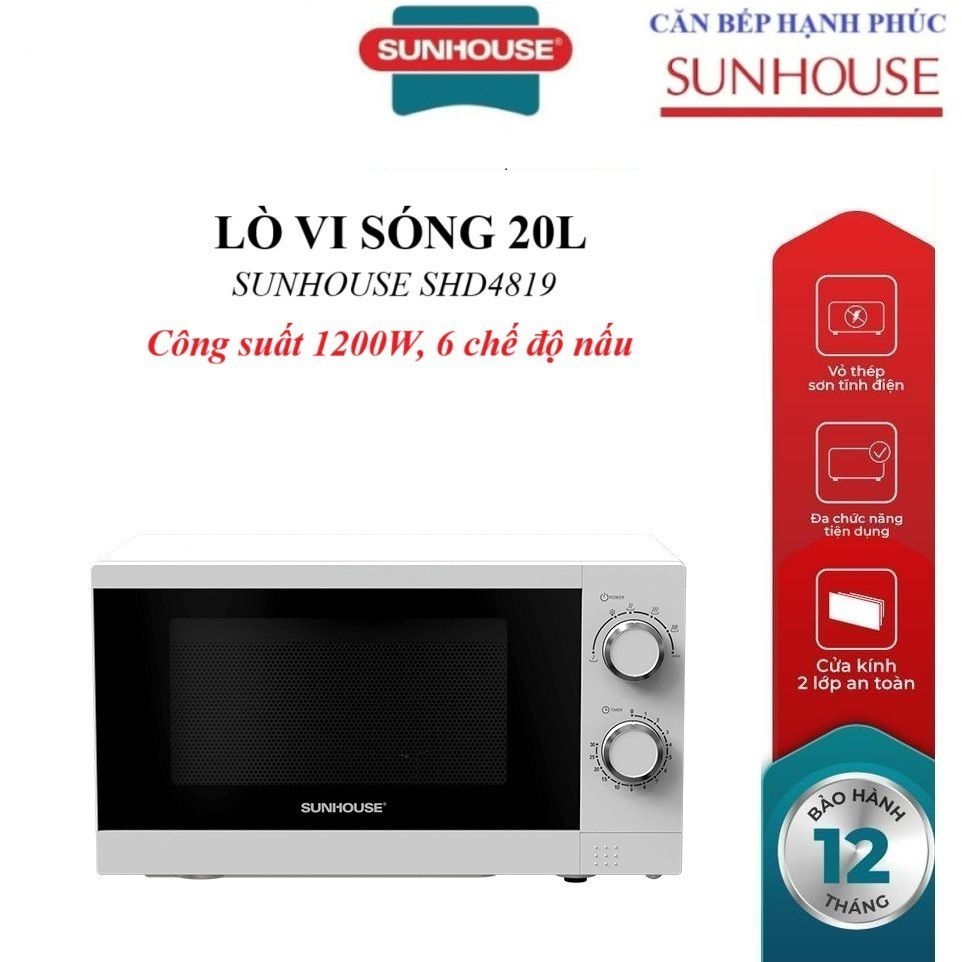 LÒ VI SÓNG 20L SUNHOUSE SHD4819, Công suất 1200W, 6 chế độ nấu, Cài đặt hẹn giờ, Kính 2 lớp siêu bền