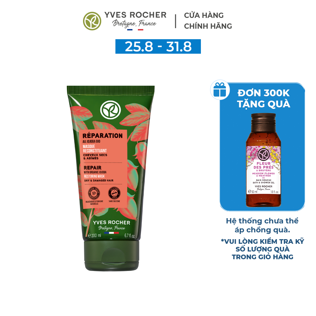 Mặt nạ phục hồi tóc hư tổn yves rocher repair with organic jojoba restoring mask tube 200ml