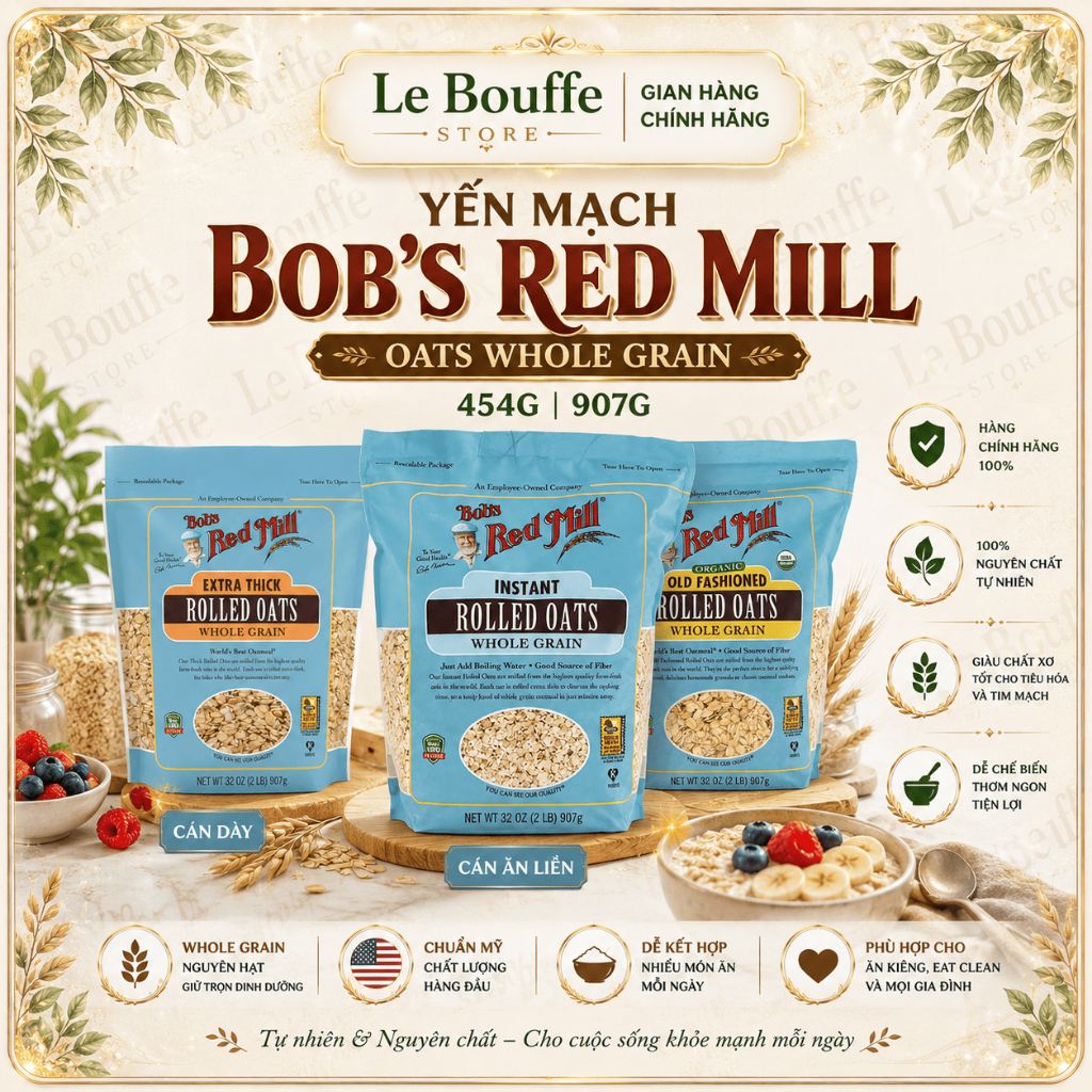 Yến Mạch Ăn Liền Organic Tự Nhiên Bob's Red Mill Rolled Oats Whole Grain Mỹ (100% From USA)