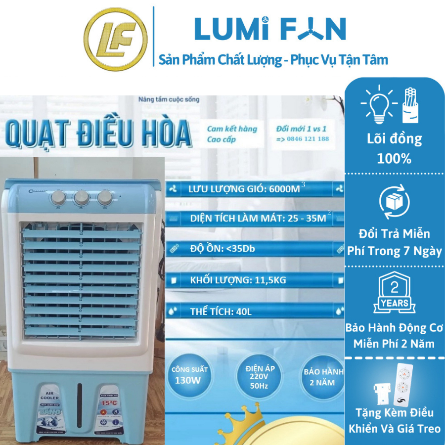 Quạt điều hòa hơi nước Lumifan,làm mát nhanh tao ẩm dung tích nước 40 lít công suất 130W, lưu lượng 6000m3.