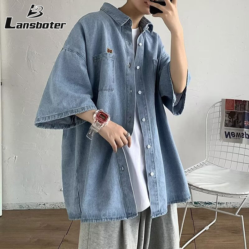 Lansboter áo sơ mi áo nam áo boy phố áo sơ mi nam boypro Áo sơ mi denim Denim tay ngắn Áo khoác Denim tay ngắn cho hợp thời trang nam đẹp thời trang cậu bé quần áo