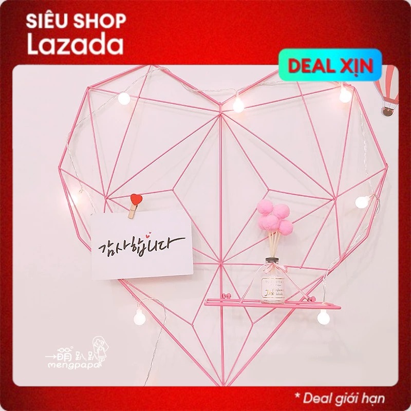 Khung lưới sắt hình trái tim 3D treo ảnh trang trí Decor phòng ngủ, phòng khách, quán cafe kèm kệ để đồ