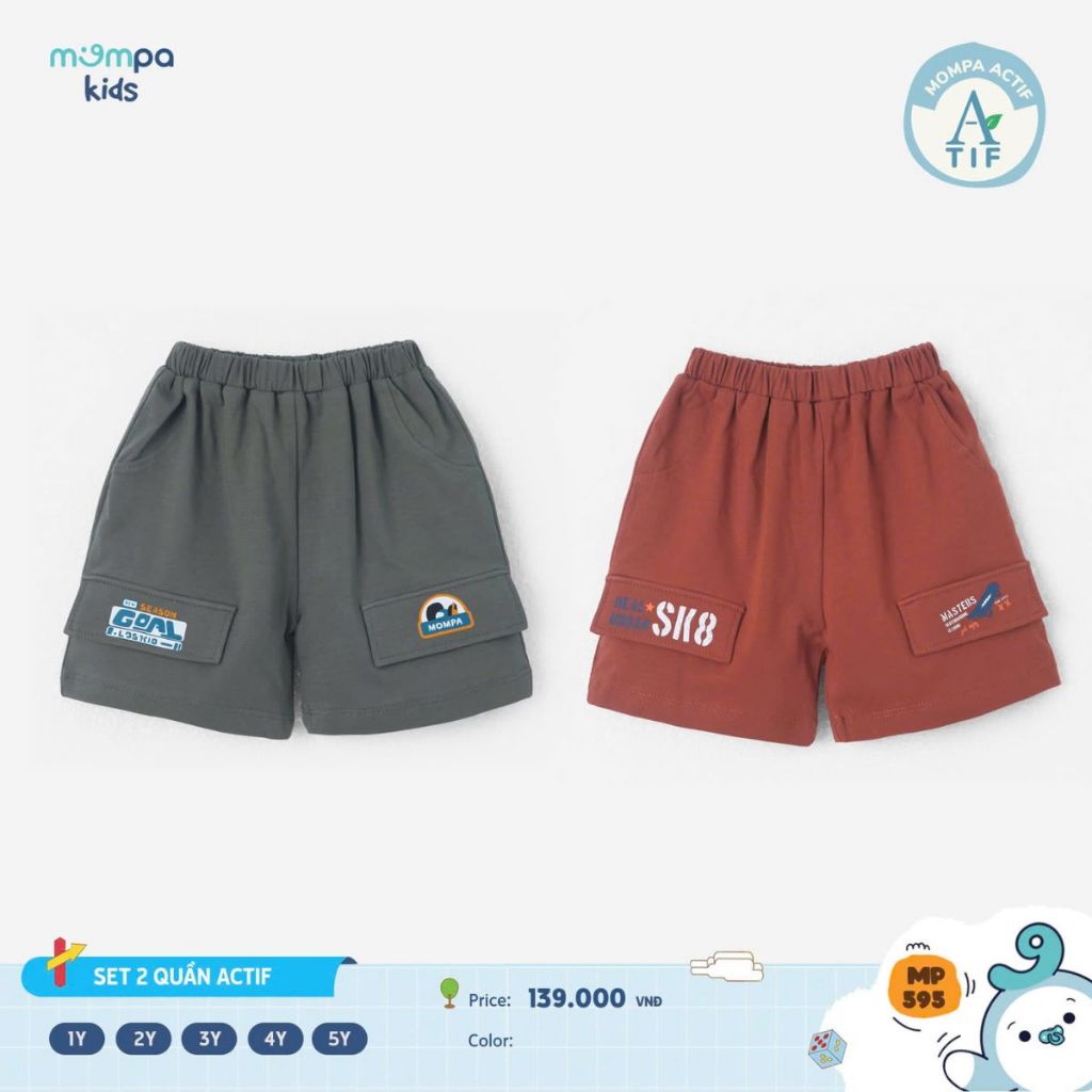 Set 2 quần đùi cho bé Mompa 1-5 tuổi vải Cotton Actif mềm mại co giãn thoáng khí 595