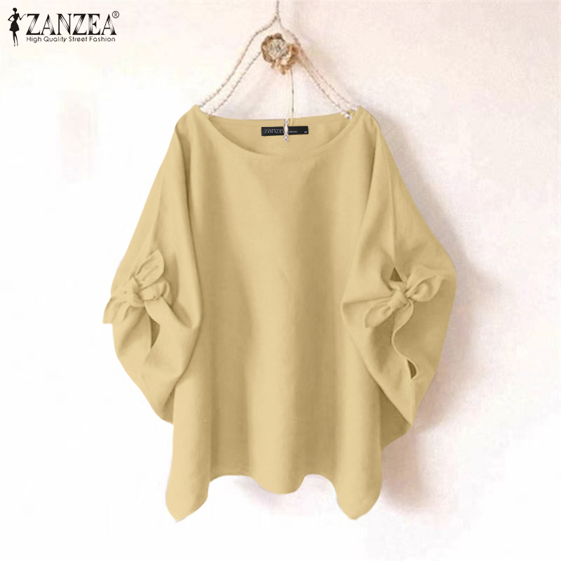  Kiểu cổ điển cho nữ ZANZEA 3 4 Tay áo phồng ren-up áo cánh cổ tròn Áo màu trơn #0623 