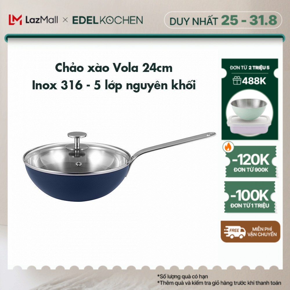 Chảo xào inox 316 - 5 lớp nguyên khối cao cấp Edelkochen Vola Collection 24 cm – Màu Modern Blue