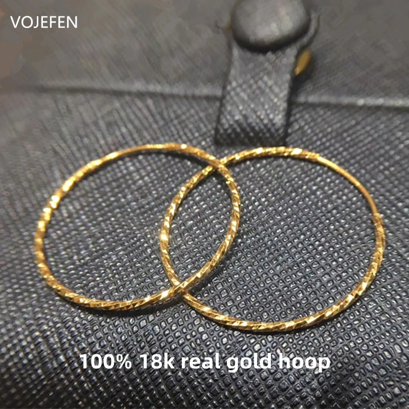 [we4z] VOJEFEN 18K Pure Gold Earring Hoops Women Original Shiny AU750 Gold Pattern Round Large Earrings Charms Earing Circle Fine Jewel · v2
