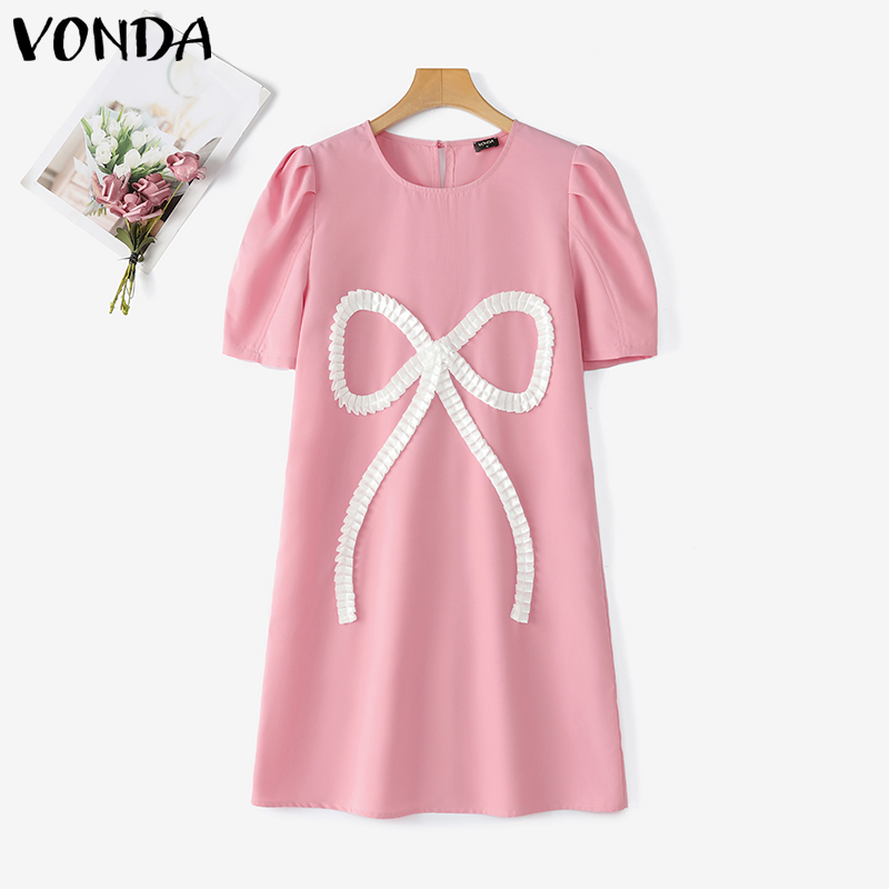 VONDA Women's Girly Style Short Sleeve Dress Crew Neck Bowknot Knee-Length Dresses (Korean Floral) #2 ราคา 251 บาท*ส่งฟรี