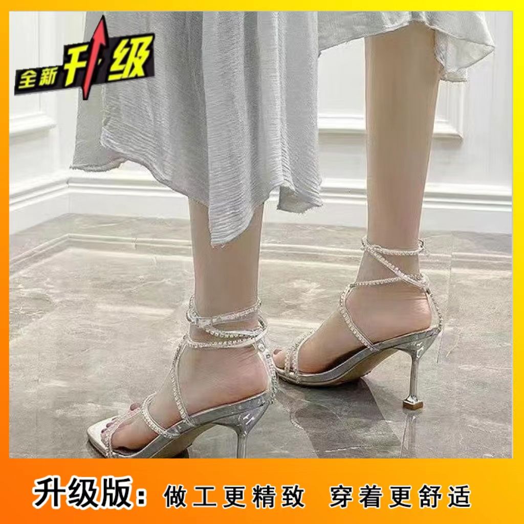 LUNAdép sandal nữ dép nữ xinh Flash~2024 Mùa hè màu bạc rhinestone sandal nàng tiên lộ ngón chân rắn