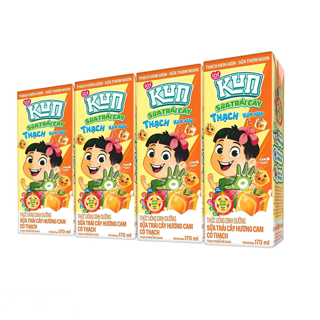 Vỉ 4 hộp x170ml sữa trái cây thạch vị cam, vị socola lúa mạch Kun