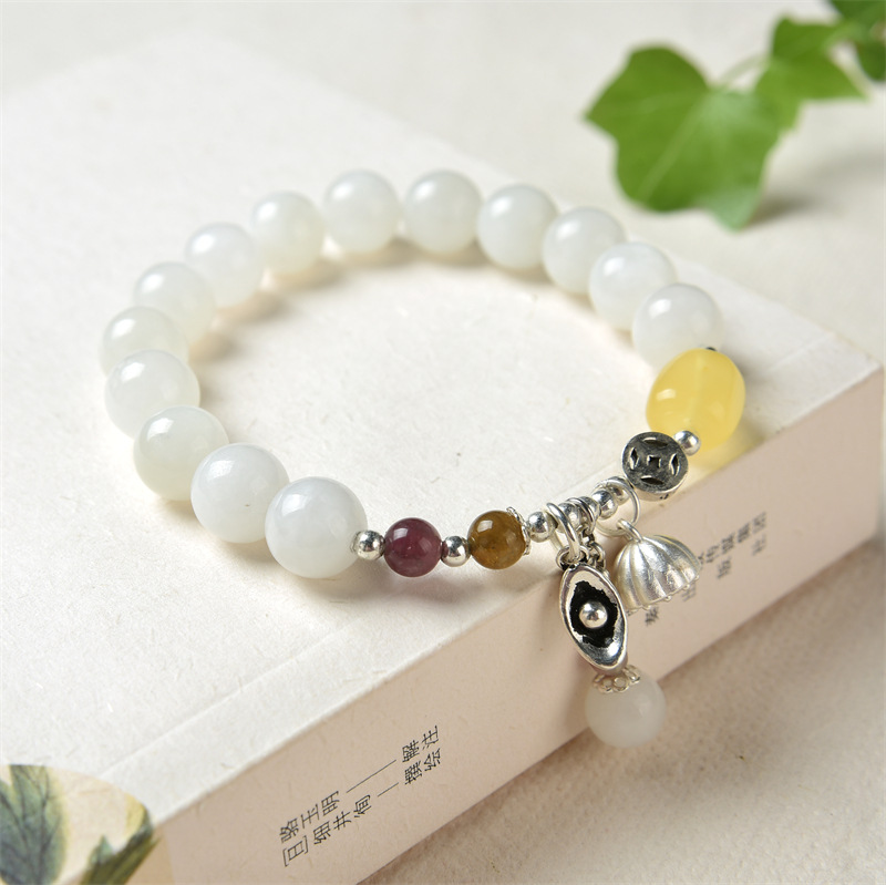 ShangMaoouX120Natural Hetian Baiyu Lianpeng Single Loop Bracelet Female S925 Silver Honey Wax Natural Hetian Baiyu Hand String Gas Quality Female