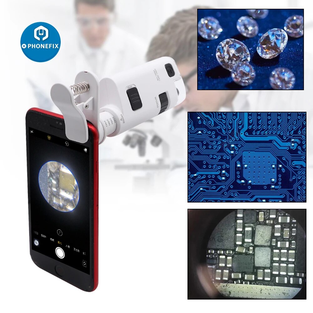 Không có lợi nhuận 120X-190x kính hiển vi cho điện thoại di động với kẹp điện thoại di động Kính lúp bỏ túi Đèn LED/ngọc phóng đại nhận dạng