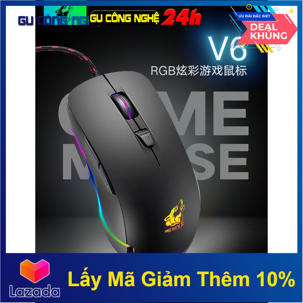 Chuột gaming máy tính free wolf v6 pro led đổi màu nhiều chế độ khác nhau chỉnh được dpi chuột quang chơi game cao cấp cho máy tính laptop pc