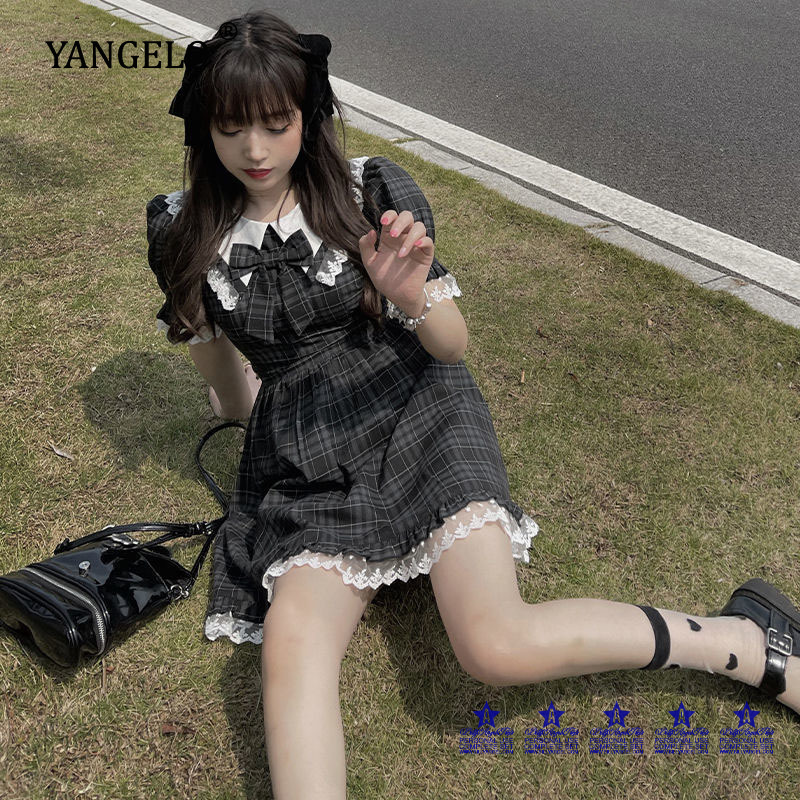 [phci] Summer Japanese Soft Girl Cute Doll Collar Bow Slim Waist Plaid Dress Lace Princess Kawaii Lolita Dresses Gothic Harajuku ราคา  1,661 บาท*ส่งฟรี
