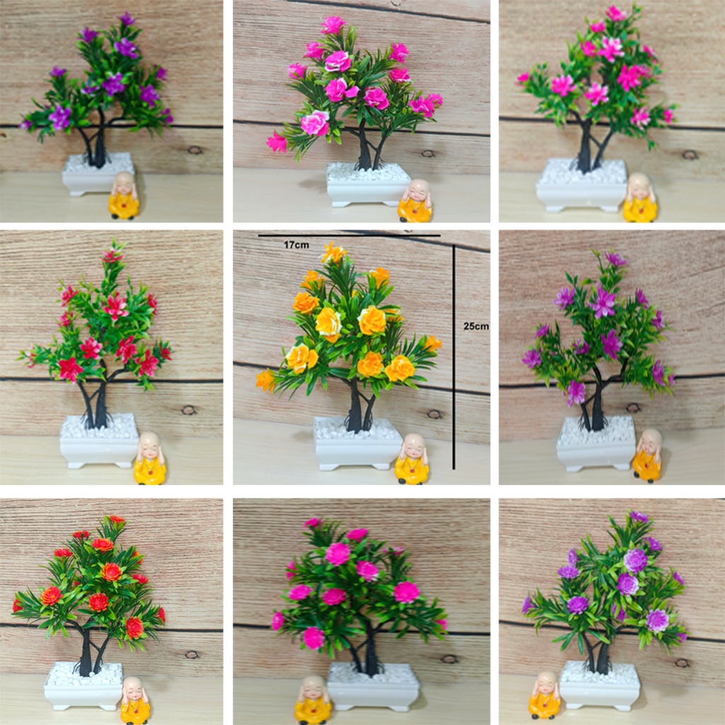 Chậu cây hoa giả bonsai để bàn kèm chậu nhựa ( hoa nhựa, cao 25cm, tán rộng 17cm), hoa giả trang trí