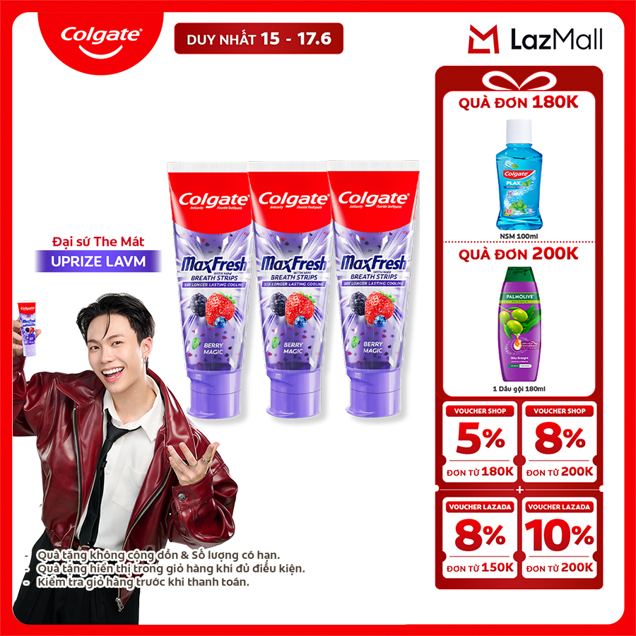 [MỚI] Bộ 3 Kem đánh răng Colgate MaxFresh hương nhiệt đới, tinh thể cầu vồng the mát 100g/tuýp