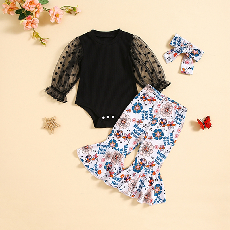 Heartandsoul-bé gái Năm Mới Quần Bộ lưới đen Tay Áo Gân Romper Thư in hoa quần ống loe Headband Bộ