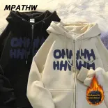 MPATHW  Áo khoác hoodie kéo khóa phong cách Mỹ cổ điển dành cho nam và nữ, dày lót nhung, mặc thoải mái mùa đông, kiểu dáng rộng rãi thời trang, mẫu mới thu 2025