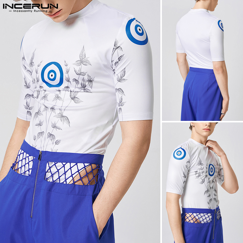 ChArmkpR Store nam hiệu incerun thời trang cổ tròn áo in hoa tay ngắn ôm cơ bắp Áo Jumpsuit Tee (phong cách phương Tây)