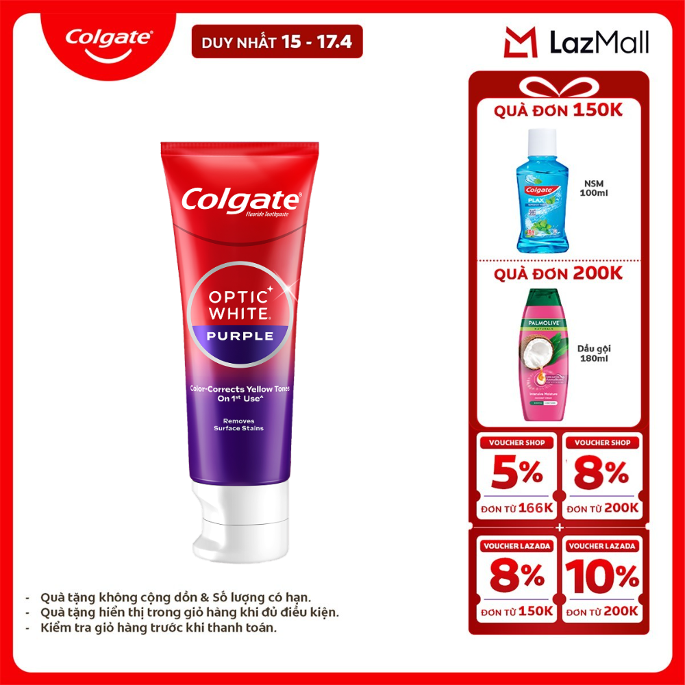 [Chỉ 15-17.4_X2 Voucher giảm đến 18%] Kem Đánh Răng Colgate trắng răng Optic White Purple 100g - công nghệ sắc tím, hiệu chỉnh sắc vàng trên răng