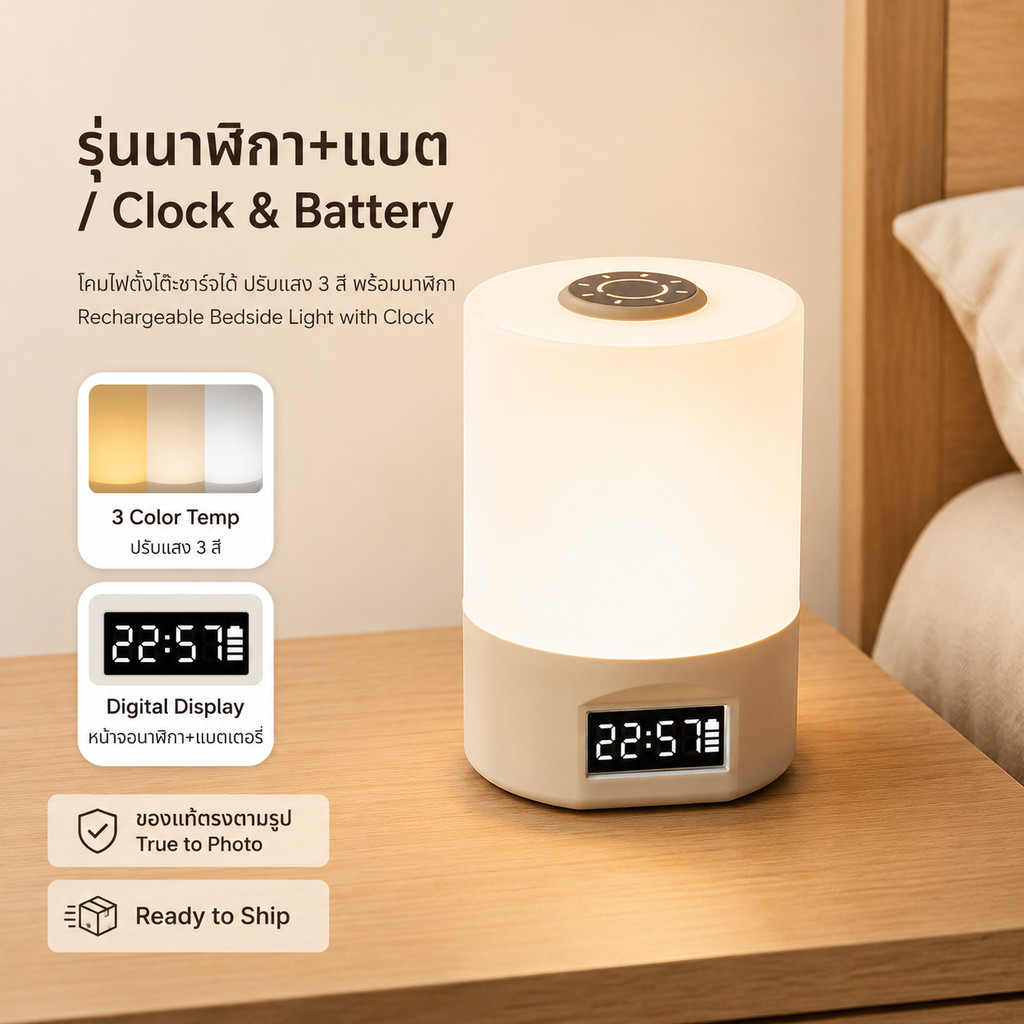 โคมไฟหัวเตียง LED แบบชาร์จได้ ระบบสัมผัส 3 โทนสี ปรับความสว่าง ชาร์จ Type-C มีรุ่นนาฬิกาและหน้าจอแสดงแบตเตอรี่ สำหรับห้องนอน หอพัก และโต๊ะอ่านหนังสือ