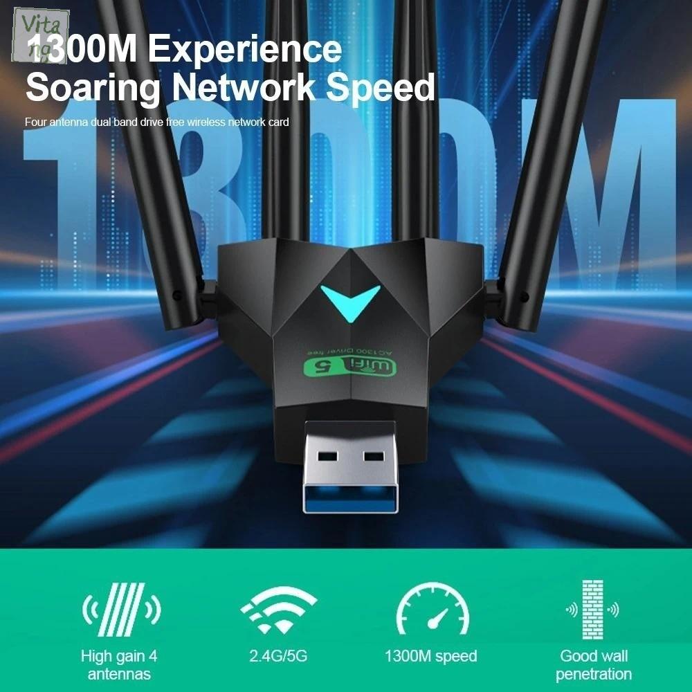 VITANG Băng tần kép 2.4G/5Ghz Bộ chuyển đổi USB WiFi băng tần kép Giao diện USB Thiết kế 4 ăng-ten Thiết bị WiFi 1300Mbps Cắm và Chạy Mạnh mẽ Thẻ mạng không dây Dành cho máy tính/PC/máy tính bảng