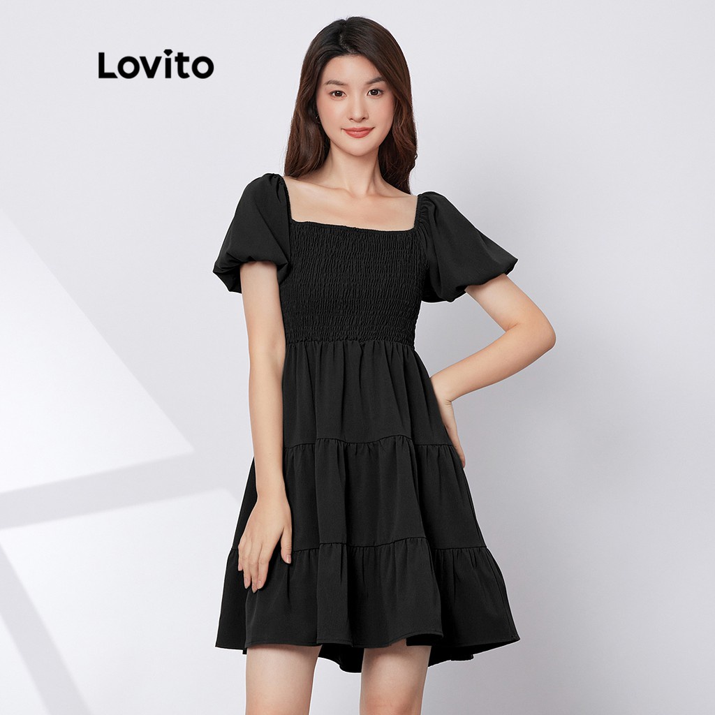 (Multi-colors)Lovito Casual Plain Shirred Puff Sleeve A-Line Dress L29ED022 (Mocha Brown) (Aneka War