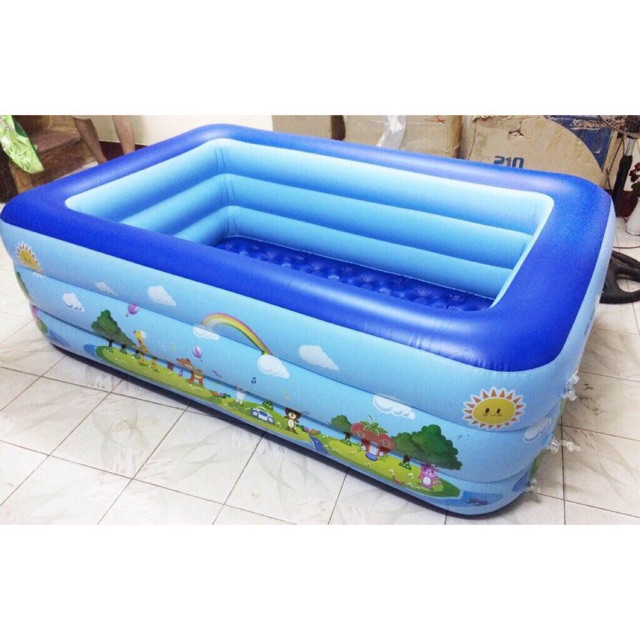 Bể bơi chữ nhật 2 tầng đế dày chống trượt an toàn bơm hơi dành cho bé