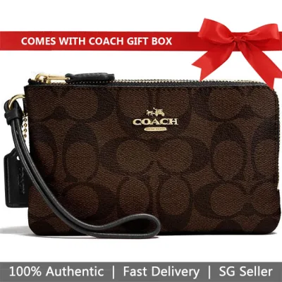 Coach Wristlet In Gift Box Small Wristlet Double Corner Zip Wallet In Signature Coated Canvas Black / Brown # F87591