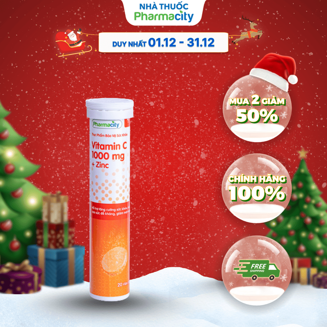  Thực phẩm Pharmacity bảo vệ sức khỏe Vitamin C 1000 mg + Zinc  Tuýp 20 viên  