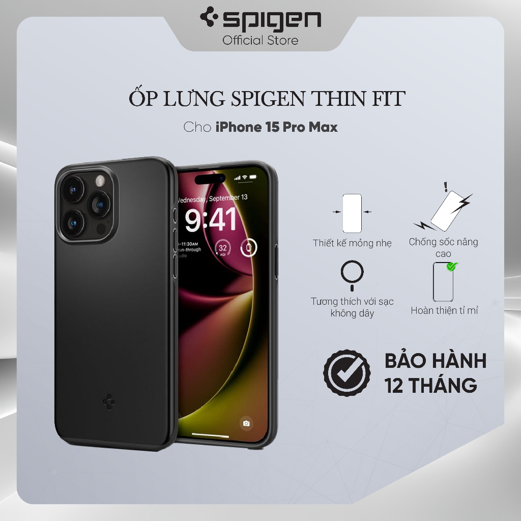 Ốp lưng cho iphone 15/ 15 plus/ 15 pro/ 15 pro max spigen thin fit - hàng chính hãng