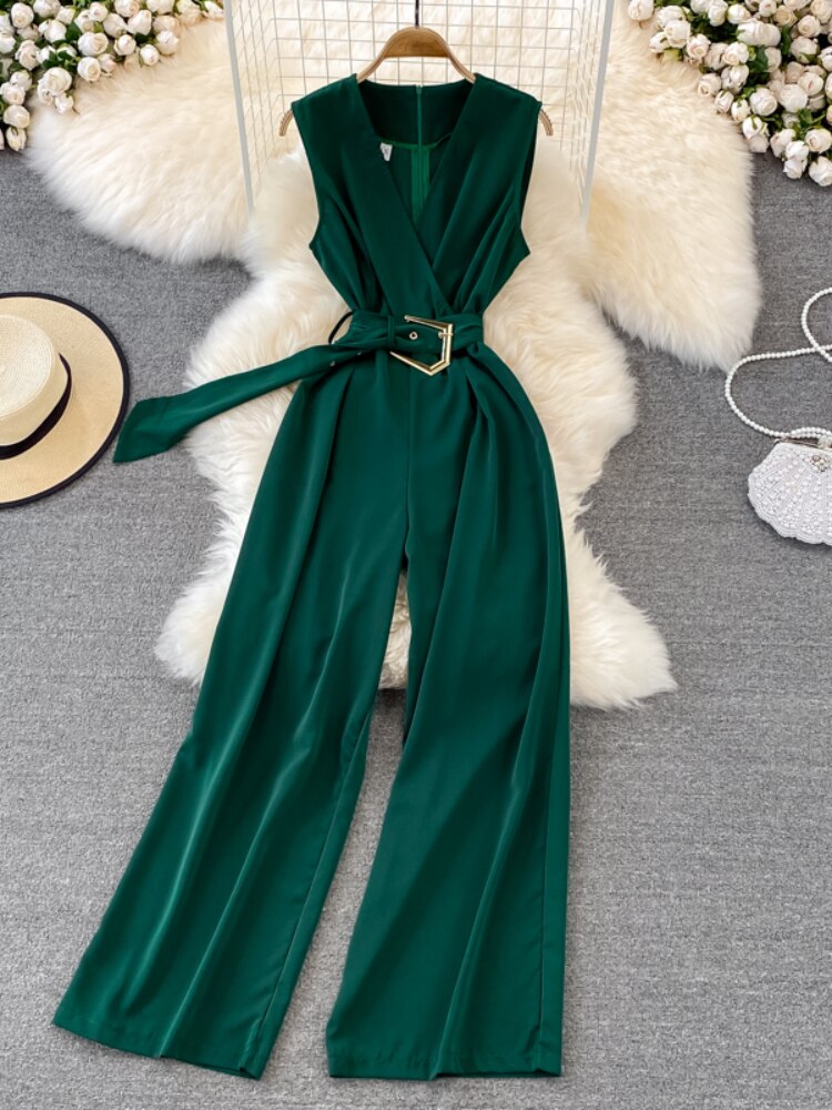 Mùa Hè Phụ Nữ V Cổ áo liền quần voan Với Vành Đai Phụ Nữ Văn Phòng Retro Rompers quần xuông Quần Áo Playsuits áo liền quần nữ