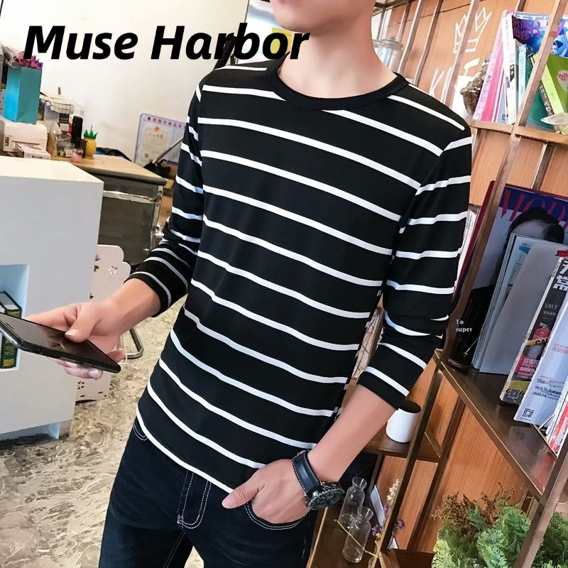 Muse Harbor เสื้อยืดผู้ชายลายทางสีแดงขาวแขนยาวคอกลมแฟชั่นเรียบง่าย ราคา 56 บาท*ส่งฟรี