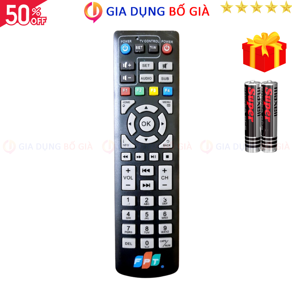 Remote điều khiển đầu FPT play box Mã 01, Remote truyền hình FPT - Tặng kèm pin - Gia Dụng Bố Già