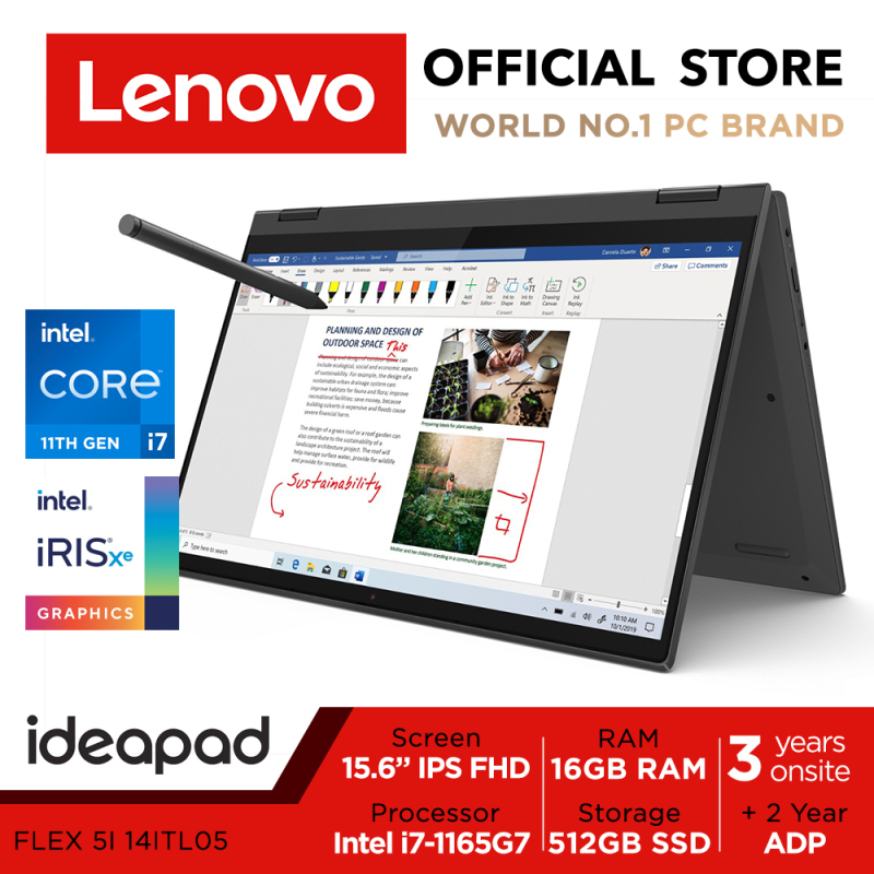 LENOVO Ideapad Flex 5i 14ITL05 82HS002MSB | 14inch FHD IPS Touch Screen | i7-1165G7 | 16GB RAM | 512GB SSD | Iris Xe Graphics | Lenovo Digital Pen | 3 Years Onsite warranty+2 Years ADP